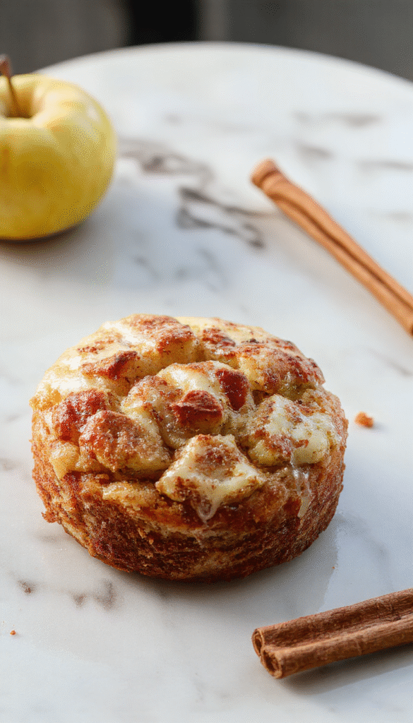A slice of cinnamon apple cake on a white plate, topped with caramelized apple slices and a dusting of cinnamon, with a rustic wooden table background and a cinnamon stick garnish.
