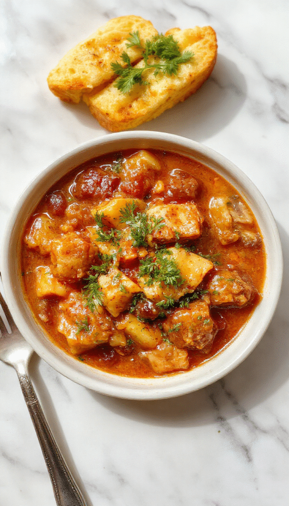 A rich and hearty bowl of German Goulash featuring tender chunks of beef immersed in a vibrant red paprika-based sauce, garnished with fresh herbs, served with crusty bread on a rustic wooden table with warm lighting