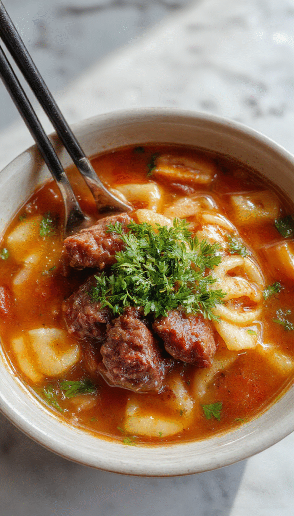 A vibrant bowl of beef noodle soup featuring tender beef slices, colorful vegetables, and chewy noodles in a clear, steaming broth on a rustic wooden table, garnished with fresh herbs and pepper.