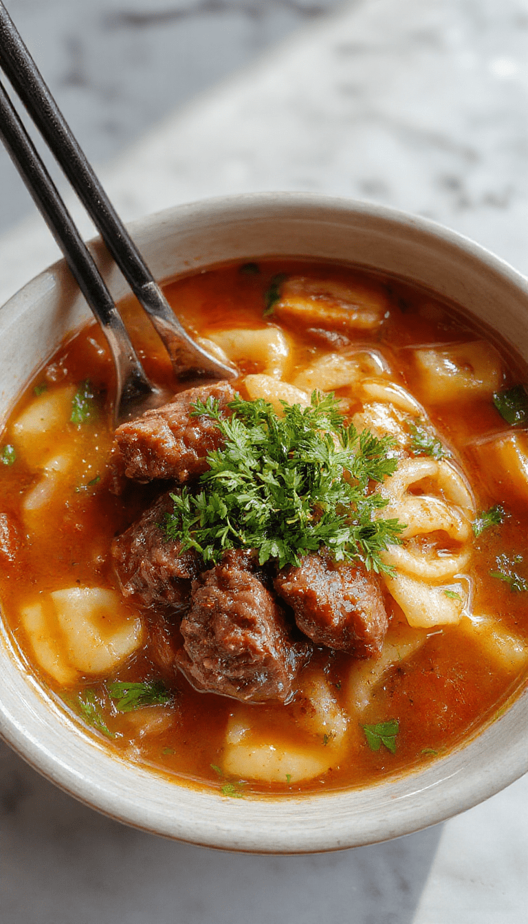 A vibrant bowl of beef noodle soup featuring tender beef slices, colorful vegetables, and chewy noodles in a clear, steaming broth on a rustic wooden table, garnished with fresh herbs and pepper.