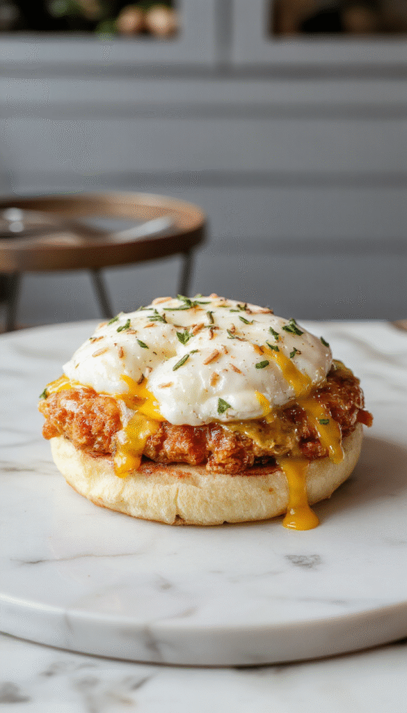 A golden-brown puff pastry topped with a perfectly cooked fried egg, draped with melted cheese and ham slices, garnished with fresh herbs on a rustic plate.