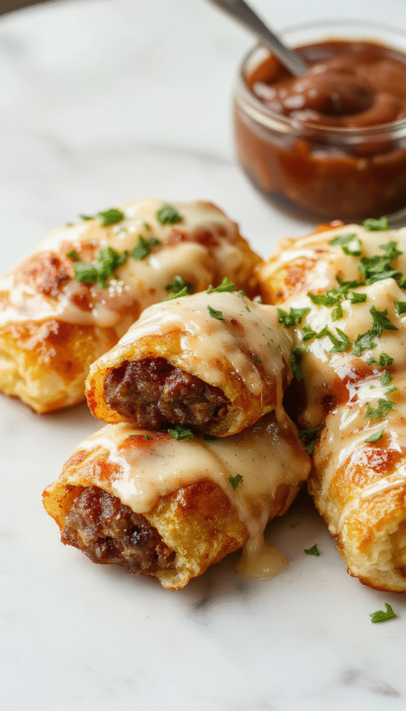 Colorful plate featuring golden-brown French toast roll-ups filled with sausage, drizzled with syrup, garnished with powdered sugar and fresh berries, styled on a rustic wooden table