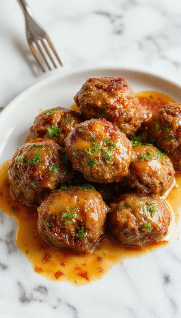 A close-up of golden-brown Salisbury steak meatballs arranged on a white plate, topped with rich brown gravy and garnished with fresh chopped parsley, set against a rustic wooden table with a serving spoon. The dish features tender meatballs with a slightly crispy exterior, surrounded by a glossy sauce, with hints of garlic and herbs visible around the edges.