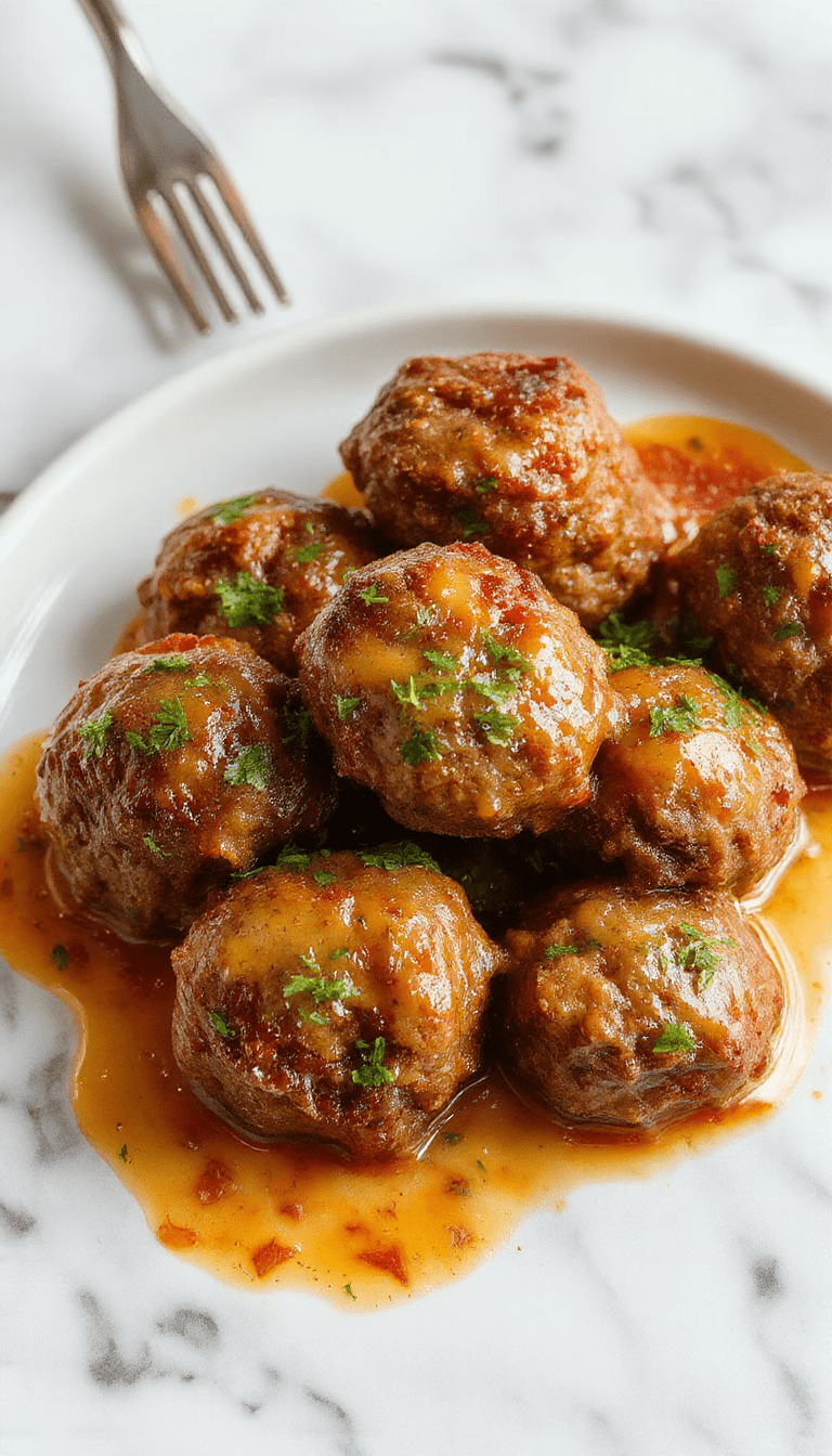 A close-up of golden-brown Salisbury steak meatballs arranged on a white plate, topped with rich brown gravy and garnished with fresh chopped parsley, set against a rustic wooden table with a serving spoon. The dish features tender meatballs with a slightly crispy exterior, surrounded by a glossy sauce, with hints of garlic and herbs visible around the edges.
