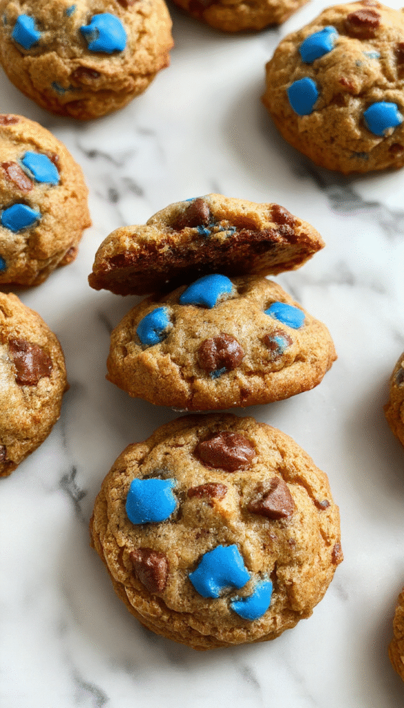 Colorful Cookie Monster Cookies with bright blue icing, googly eyes, and rainbow sprinkles, arranged on a white plate, showcasing their soft and chewy texture, with a vibrant background.