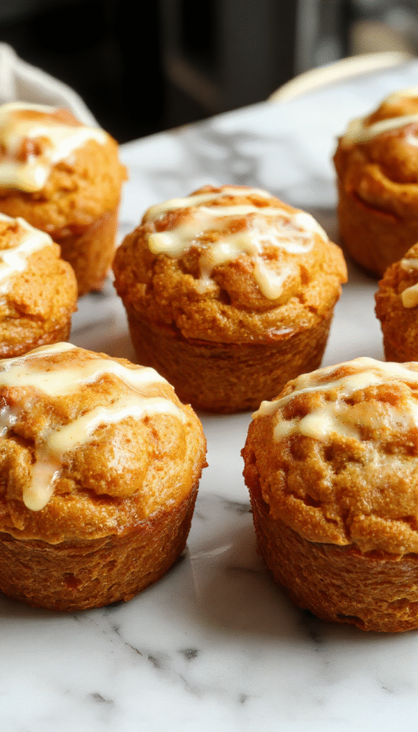 Colorful assortment of freshly baked pumpkin cream cheese muffins arranged on a rustic wooden table, showcasing their golden tops with swirls of cream cheese filling, garnished with cinnamon and pumpkin seeds, styled with fall-themed decor.