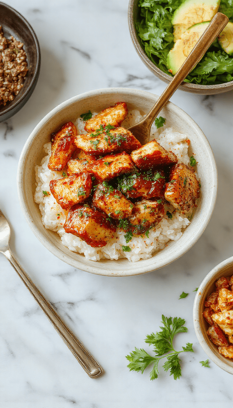 Colorful chicken rice bowl featuring glazed sticky chicken pieces atop fluffy steamed rice, garnished with green scallions and sesame seeds, with a vibrant mix of steamed vegetables on a rustic plate.