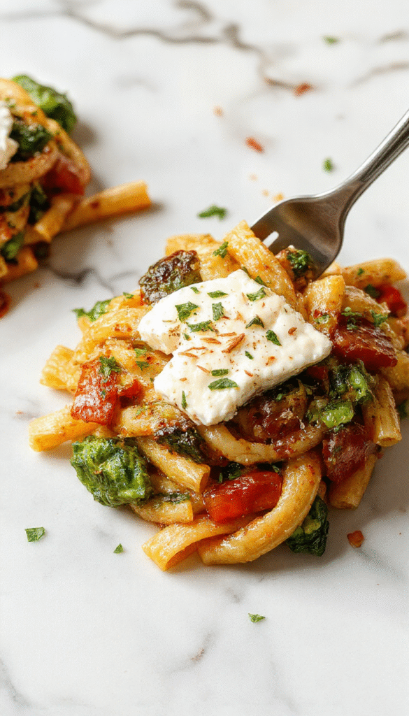 Colorful plate of veggie pasta featuring spiral pasta coated with a vibrant tomato and herb sauce, topped with crumbled golden baked feta, garnished with fresh basil and cherry tomatoes, styled on a rustic wooden table.