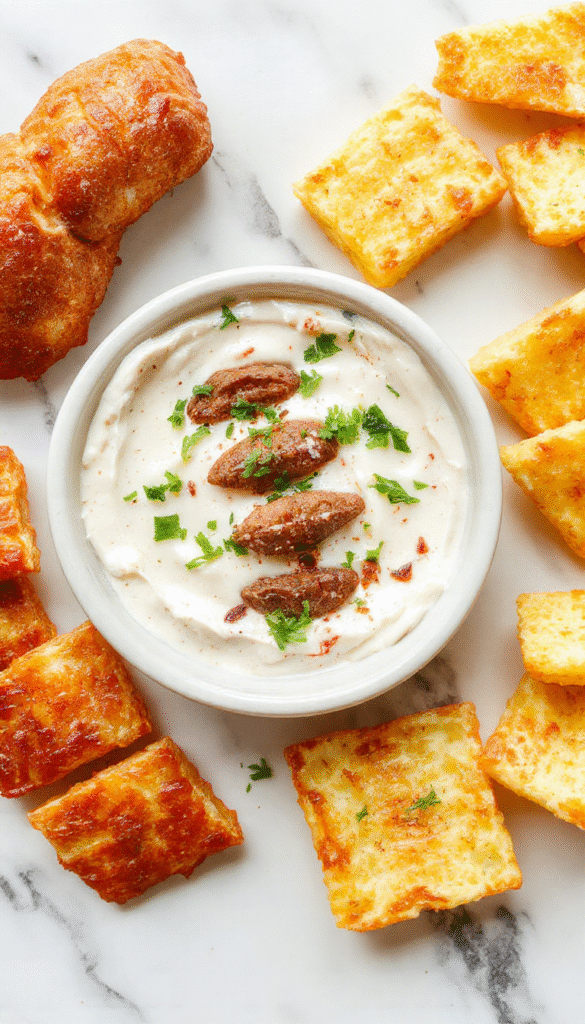 A vibrant bowl of football-shaped dip topped with shredded cheese and green herbs, surrounded by crispy tortilla chips on a wooden platter, with a football-themed tablecloth background, bright lighting highlighting the creamy texture of the dip.
