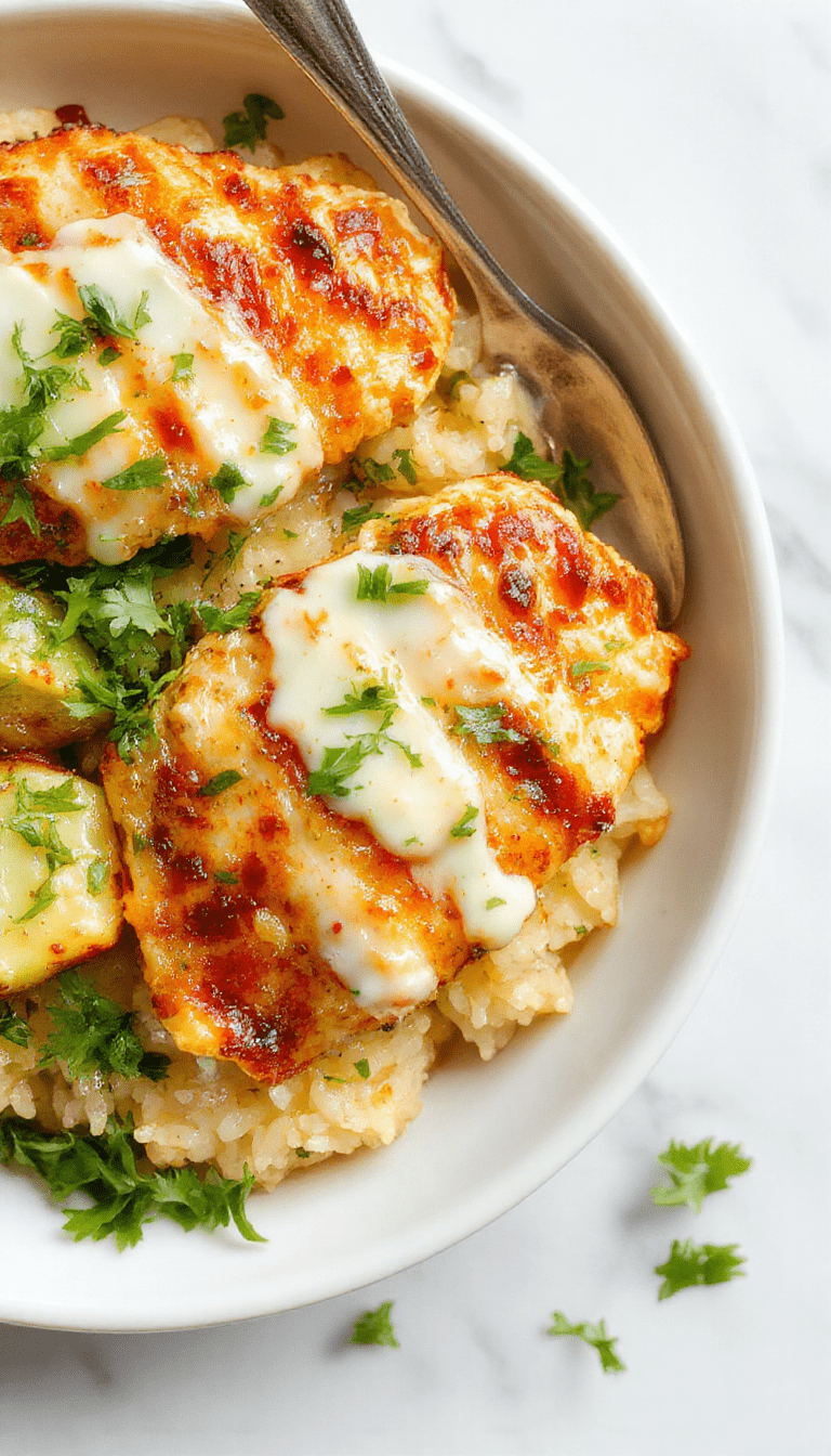 A vibrant plate featuring shredded baked chicken topped with creamy cucumber tzatziki sauce, served alongside fluffy white rice. The dish is garnished with fresh herbs and lemon wedges, presented on a rustic wooden table with a colorful Mediterranean backdrop.