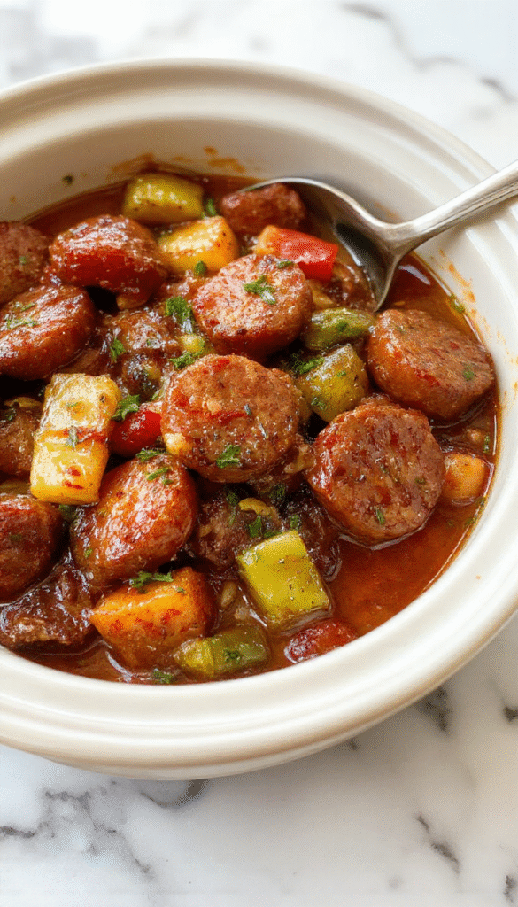 A colorful plate featuring golden-brown sausage links nestled amidst vibrant red and yellow bell peppers, garnished with fresh parsley, served on a rustic white plate with a backdrop of a slow cooker and fresh peppers.