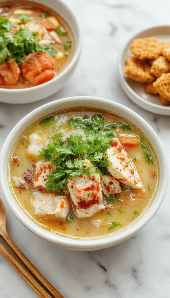 A steaming bowl of chicken pho showcasing tender rice noodles, sliced cooked chicken, fresh basil leaves, lime wedges, and sliced chili peppers on a white ceramic bowl, surrounded by fresh herbs and condiments, with a vibrant green and yellow color palette highlighting the rich broth and garnishes