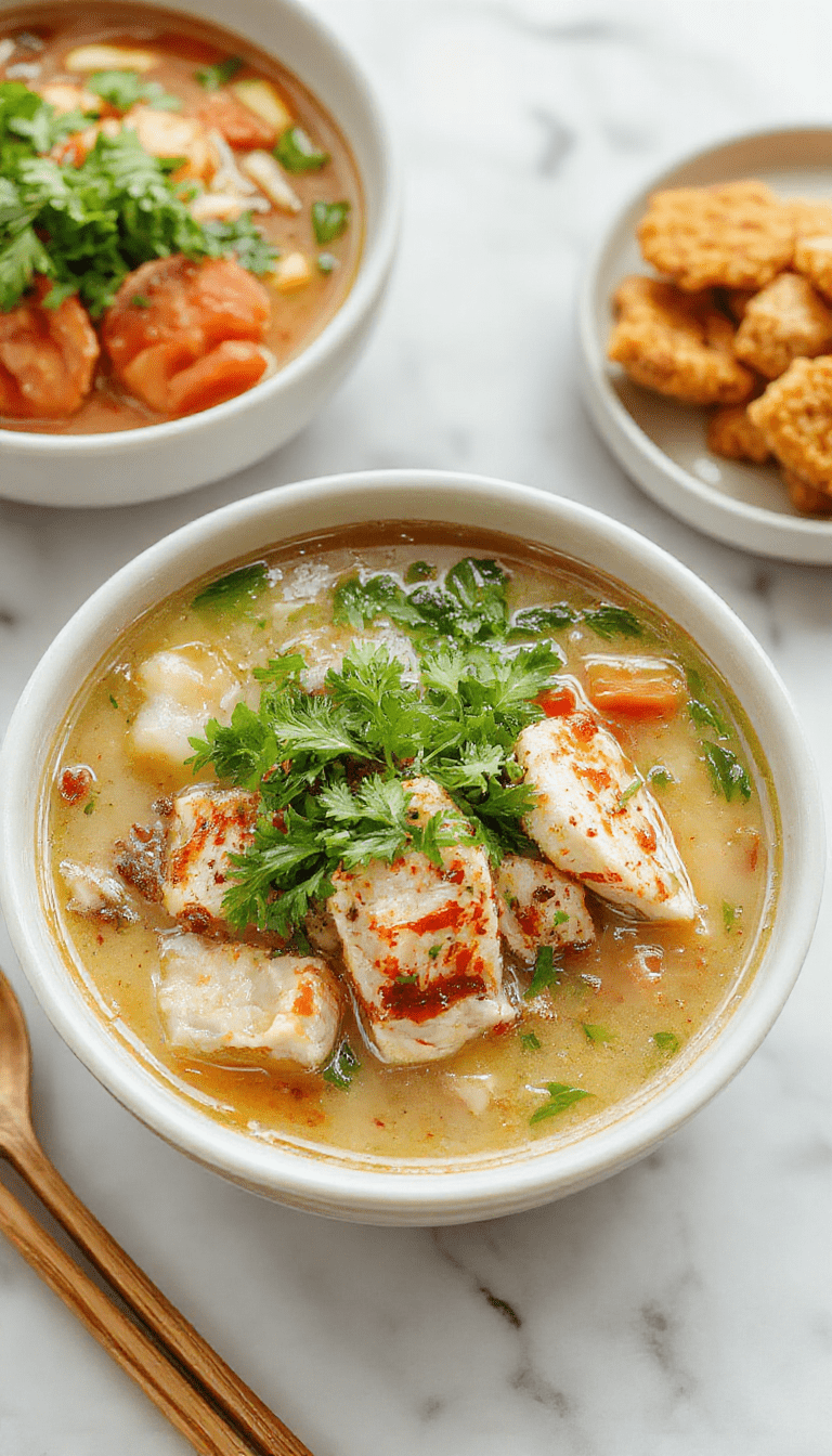 A steaming bowl of chicken pho showcasing tender rice noodles, sliced cooked chicken, fresh basil leaves, lime wedges, and sliced chili peppers on a white ceramic bowl, surrounded by fresh herbs and condiments, with a vibrant green and yellow color palette highlighting the rich broth and garnishes