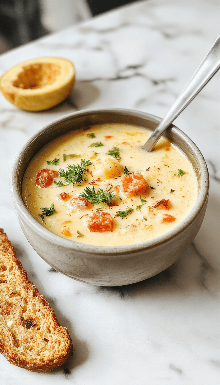A vibrant bowl of creamy vegetable soup showcasing a colorful mixture of chopped carrots, celery, zucchini, and spinach in a smooth, velvety base, garnished with fresh herbs and a drizzle of cream, served on a rustic wooden table with a soup spoon and a slice of crusty bread in the background.