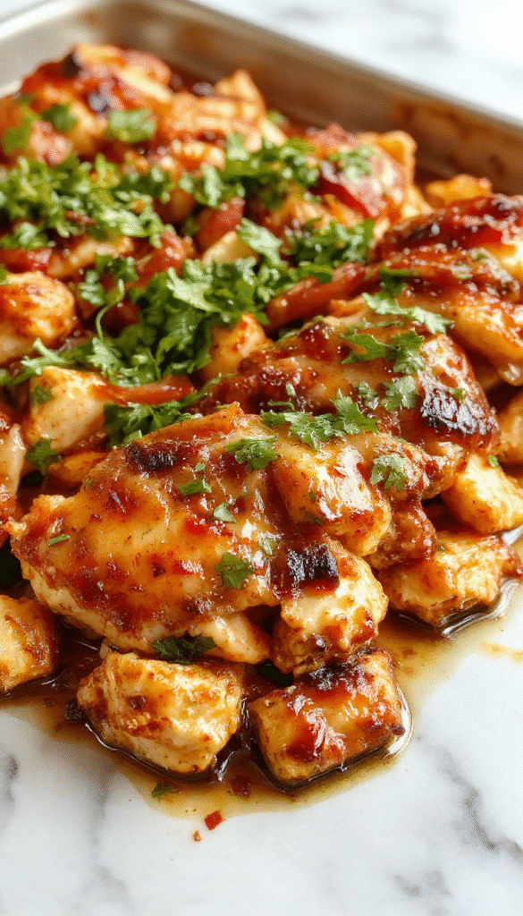 Colorful sheet pan chicken fajitas with vibrant red and yellow roasted bell peppers, tender chicken strips seasoned with spices, nestled on a rustic white plate with fresh cilantro garnish, the tray shows caramelized edges and a smoky seasoning, styled for a casual, inviting meal presentation