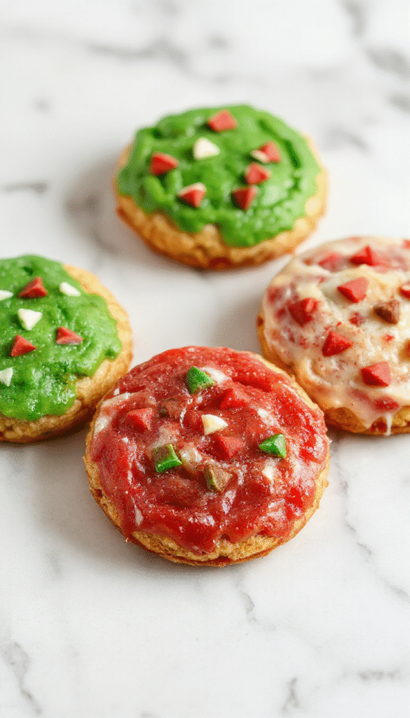 A colorful plate of assorted holiday cookies including gingerbread men, sugar cookies with icing, and chocolate dipped biscotti, all beautifully decorated and arranged on a festive red and green tablecloth with holiday-themed decorations in the background