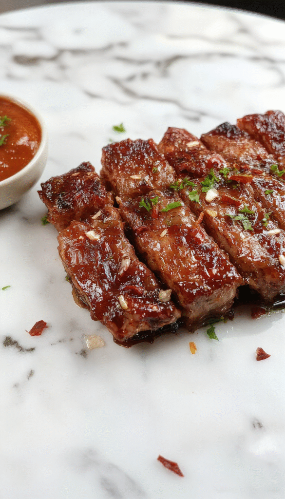 A vibrant plate of pepper steak featuring tender beef strips coated in glossy, dark sauce, garnished with fresh green bell peppers, red onions, and sesame seeds, served on a white ceramic plate with colorful vegetables and a sprinkle of chopped scallions, set against a rustic wooden table