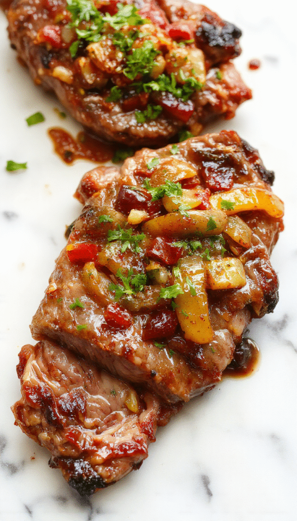 A colorful plate of pepper steak featuring tender beef slices stir-fried with bright red and green bell peppers, caramelized onions, and a glossy savory sauce, beautifully arranged on a white ceramic dish with a sprig of green herbs garnish.
