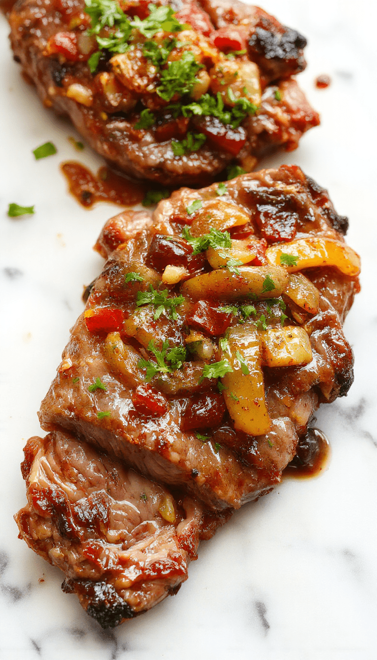 A colorful plate of pepper steak featuring tender beef slices stir-fried with bright red and green bell peppers, caramelized onions, and a glossy savory sauce, beautifully arranged on a white ceramic dish with a sprig of green herbs garnish.