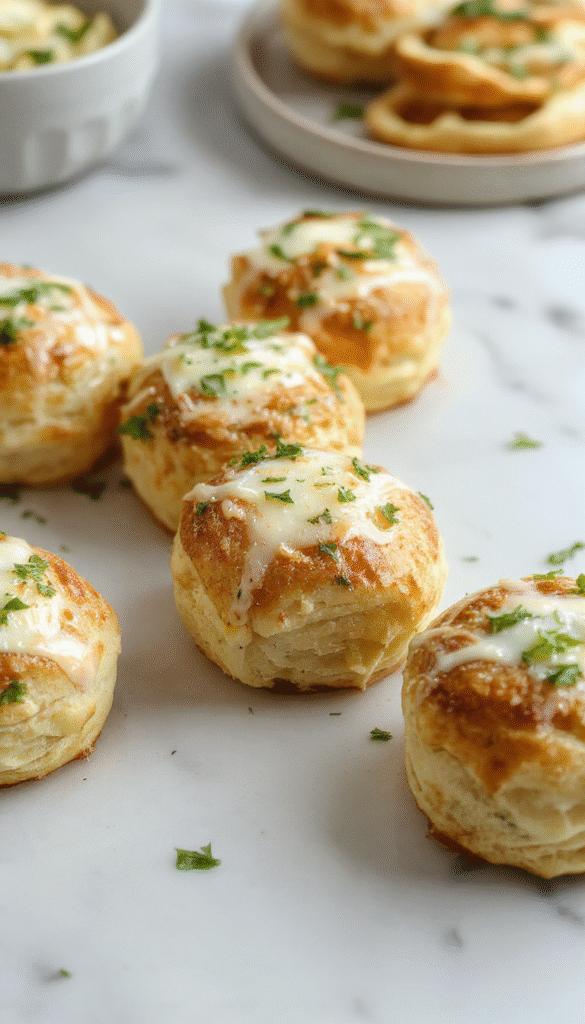 Golden brown garlic butter bread rolls arranged on a rustic wooden platter, topped with fresh parsley and drizzled with melted butter, showcasing a soft interior and crispy crust with a glistening buttery glaze.