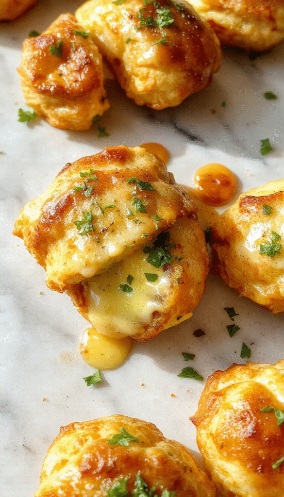 A close-up of golden-brown cheeseburger rollups sliced to reveal gooey melted cheese, topped with fresh herbs, served on a rustic white plate with a side of crispy vegetables, all drizzled with garlic butter sauce showcasing textures of cheesy filling and flaky pastry.