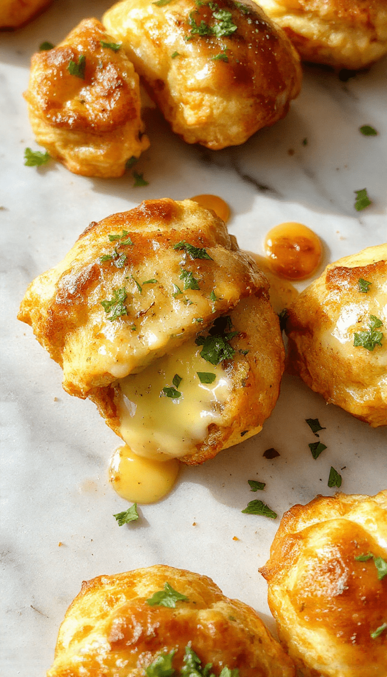 A close-up of golden-brown cheeseburger rollups sliced to reveal gooey melted cheese, topped with fresh herbs, served on a rustic white plate with a side of crispy vegetables, all drizzled with garlic butter sauce showcasing textures of cheesy filling and flaky pastry.