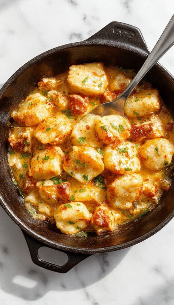 Close-up of a vibrant skillet dish featuring golden-brown garlic chicken pieces atop pillowy gnocchi, garnished with fresh herbs, with a rich garlic sauce glistening under warm lighting, served on a rustic wooden table with scattered herbs