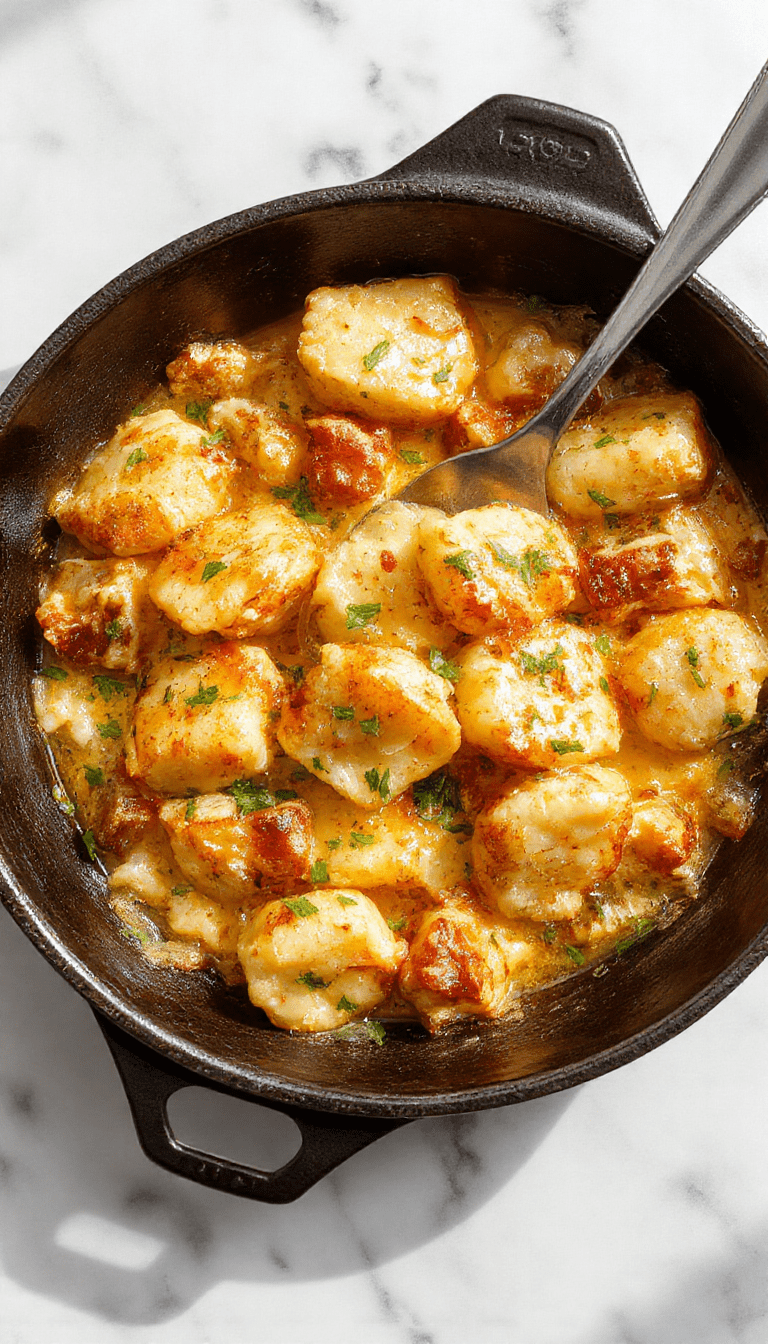 Close-up of a vibrant skillet dish featuring golden-brown garlic chicken pieces atop pillowy gnocchi, garnished with fresh herbs, with a rich garlic sauce glistening under warm lighting, served on a rustic wooden table with scattered herbs