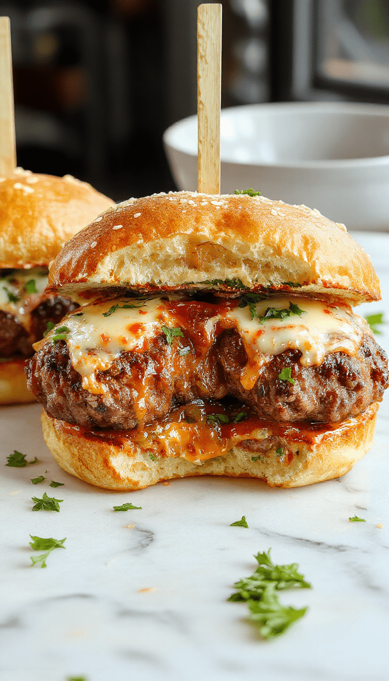A close-up of golden-brown cheeseburger bombs topped with melted Parmesan cheese and herbs, arranged on a rustic plate with fresh parsley and garlic cloves, showcasing their crispy exterior and cheesy interior.