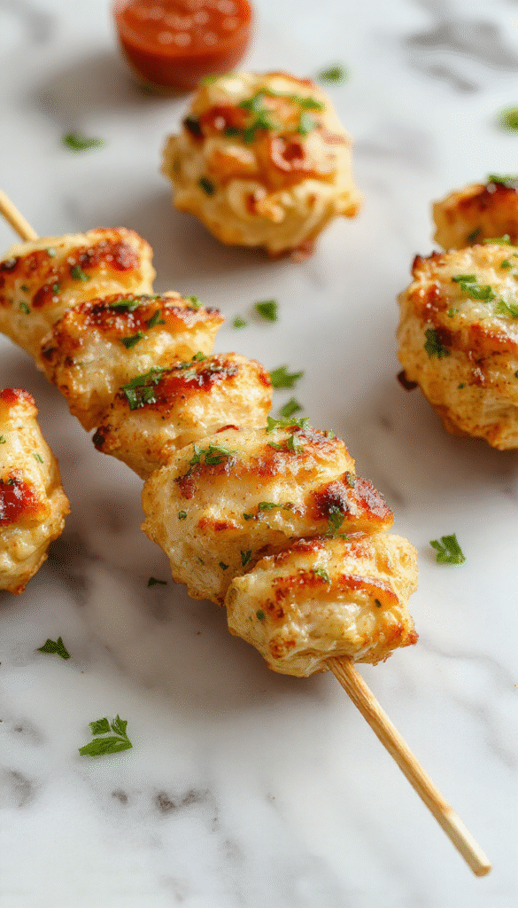 Colorful garlic parmesan chicken skewers arranged neatly on a ceramic platter with vibrant green herbs, golden-brown grilled exterior, sprinkled with shredded Parmesan cheese and chopped parsley, with a rustic wooden background and a drizzle of garlic marinade highlighting the textures and flavors.