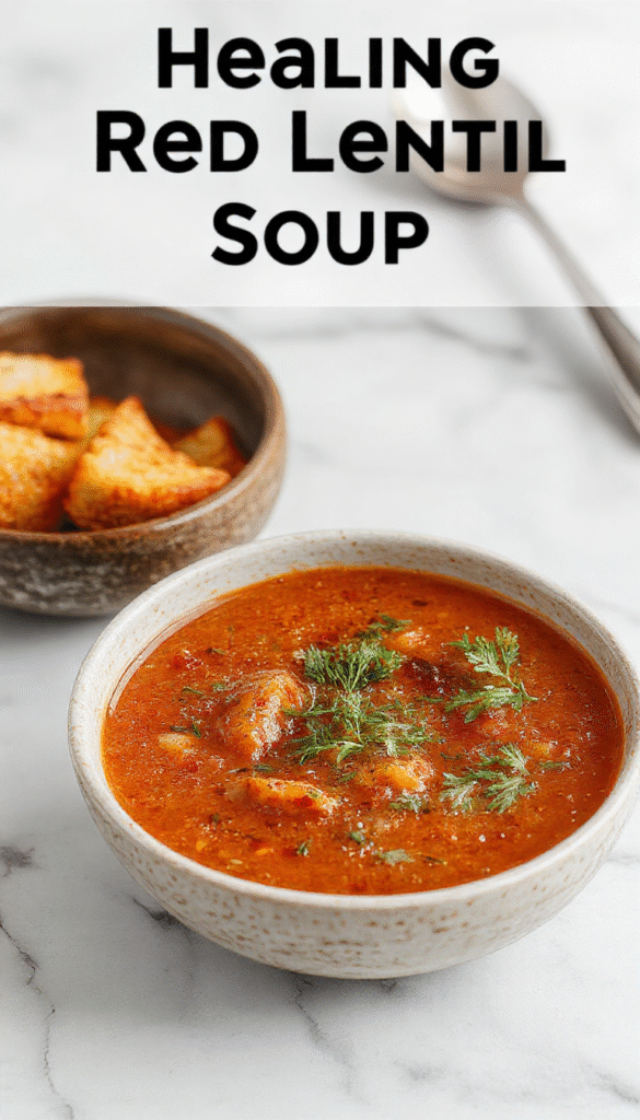 A vibrant bowl of red lentil soup garnished with fresh herbs and a slice of lemon, set on a rustic wooden table with a spoon and extra lentils scattered around, capturing warm earthy tones and fresh green accents.