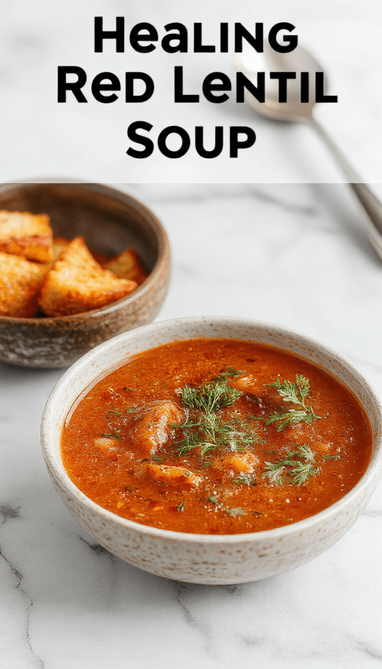 A vibrant bowl of red lentil soup garnished with fresh herbs and a slice of lemon, set on a rustic wooden table with a spoon and extra lentils scattered around, capturing warm earthy tones and fresh green accents.