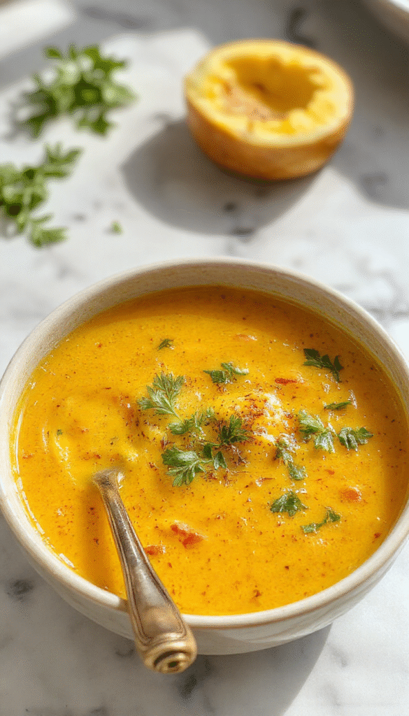 A vibrant bowl of golden turmeric chicken soup garnished with fresh herbs, showing tender chicken chunks, colorful vegetables, and a rich, creamy broth, styled in a rustic white bowl on a wooden table with a spoon.