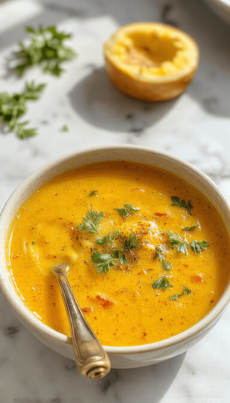 A vibrant bowl of golden turmeric chicken soup garnished with fresh herbs, showing tender chicken chunks, colorful vegetables, and a rich, creamy broth, styled in a rustic white bowl on a wooden table with a spoon.