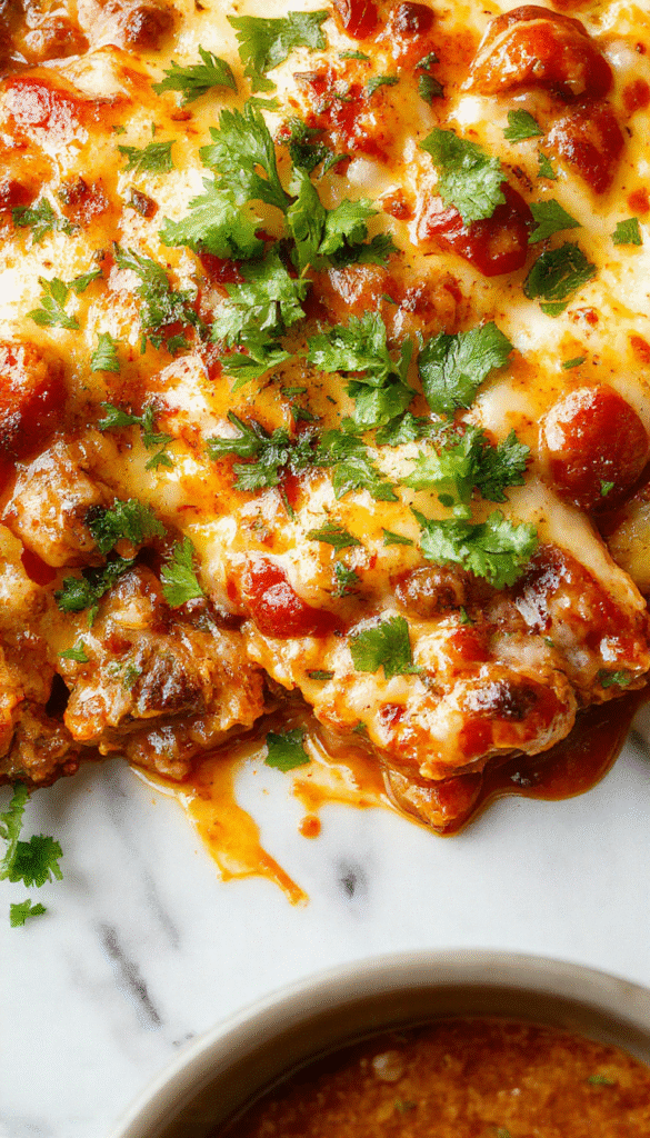 A vibrant enchilada skillet featuring layered tortillas topped with melted cheese, fresh chopped cilantro, red enchilada sauce, and slices of avocado, presented in a rustic cast iron skillet on a wooden surface with a colorful background, showcasing textures of gooey cheese, tender chicken, and fresh toppings.