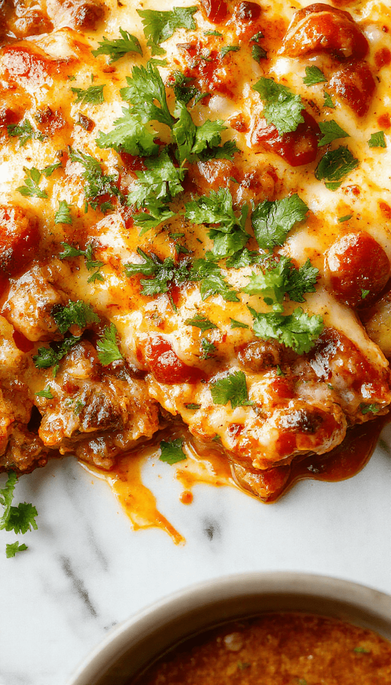 A vibrant enchilada skillet featuring layered tortillas topped with melted cheese, fresh chopped cilantro, red enchilada sauce, and slices of avocado, presented in a rustic cast iron skillet on a wooden surface with a colorful background, showcasing textures of gooey cheese, tender chicken, and fresh toppings.