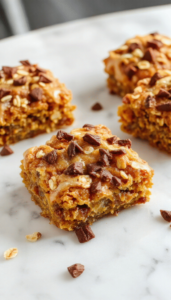 A vibrant bowl of baked oatmeal topped with a swirl of pumpkin puree, sprinkled with cinnamon and chopped nuts, presented on a rustic wooden table with autumn leaves decor, showcasing warm orange and earthy brown tones.