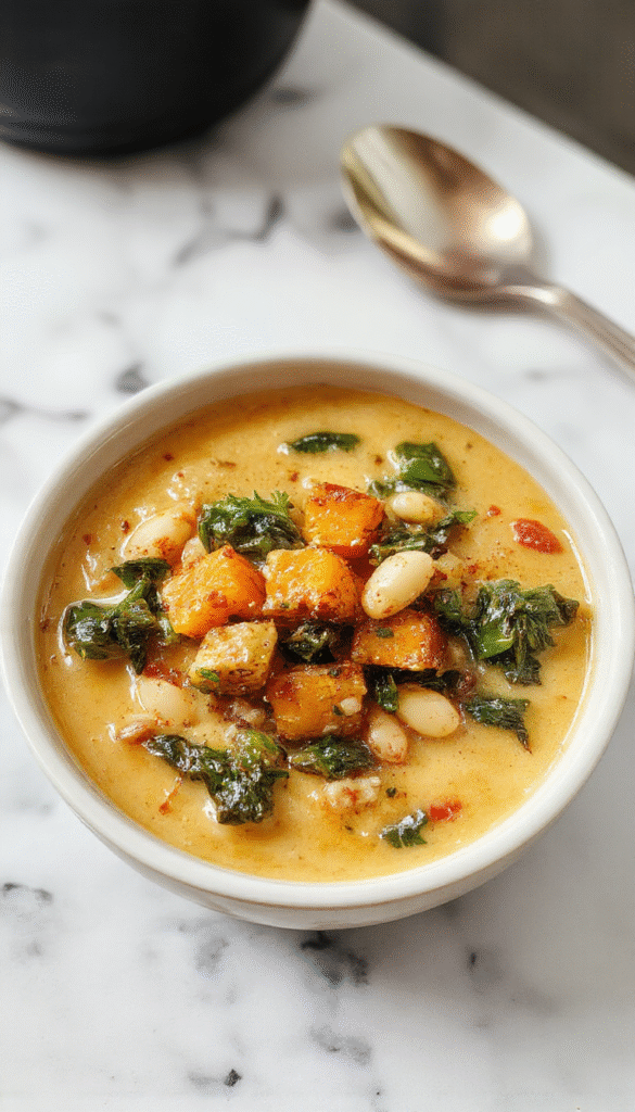 A warm, inviting bowl of butternut squash, kale, and white bean soup showcases vibrant orange squash puree topped with fresh green kale leaves and creamy white beans. The soup is garnished with a drizzle of olive oil and sprinkled with herbs, served in a rustic white bowl on a wooden table with a background of autumn-themed linens.