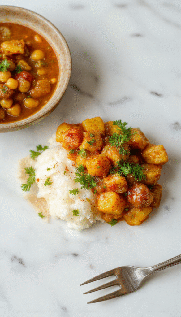 A vibrant bowl of chickpea and potato curry with golden brown potatoes and creamy chickpeas in a rich tomato-based sauce, garnished with fresh cilantro, served with fluffy rice on a rustic wooden table, showcasing inviting textures and warm colors.