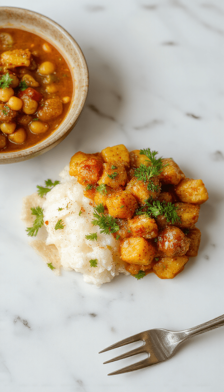 A vibrant bowl of chickpea and potato curry with golden brown potatoes and creamy chickpeas in a rich tomato-based sauce, garnished with fresh cilantro, served with fluffy rice on a rustic wooden table, showcasing inviting textures and warm colors.
