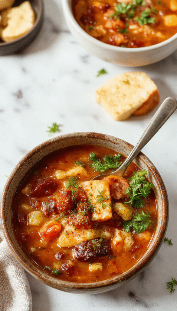 A vibrant bowl of minestrone soup with chopped carrots, zucchini, green beans, and tomatoes garnished with fresh basil, served in a rustic white bowl on a wooden table with crusty bread in the background, capturing colorful vegetables and a hearty texture.