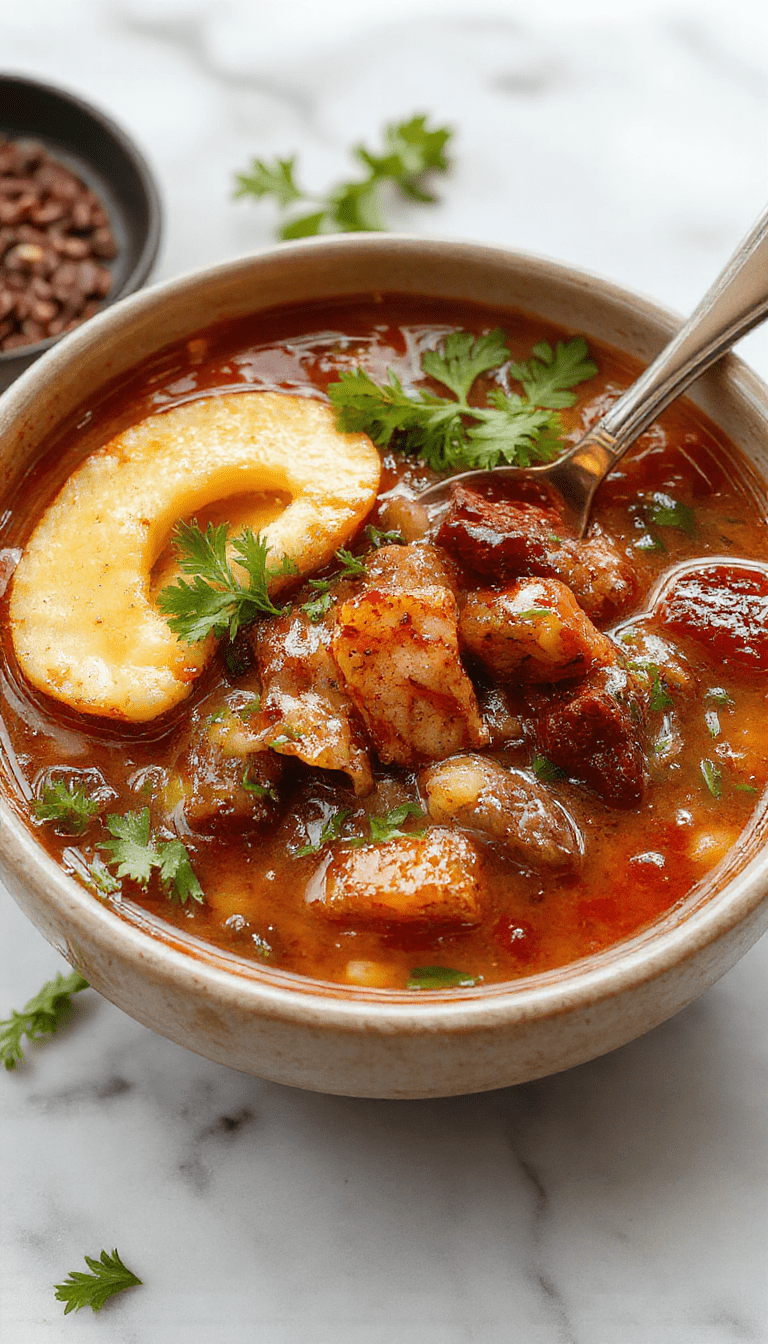 A vibrant bowl of cowboy soup showing a hearty mixture of ground beef, beans, corn, and diced tomatoes, topped with shredded cheese and fresh herbs, served in a rustic bowl on a wooden table with slices of bread in the background.