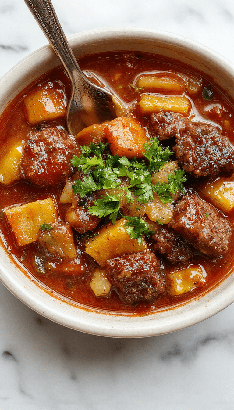 A rustic bowl of cowboy stew featuring chunks of tender beef, colorful vegetables including carrots, potatoes, and corn, topped with fresh herbs, served on a wooden table with a deep red broth highlighting its hearty and inviting texture, styled with rustic silverware and garnished with chopped parsley.