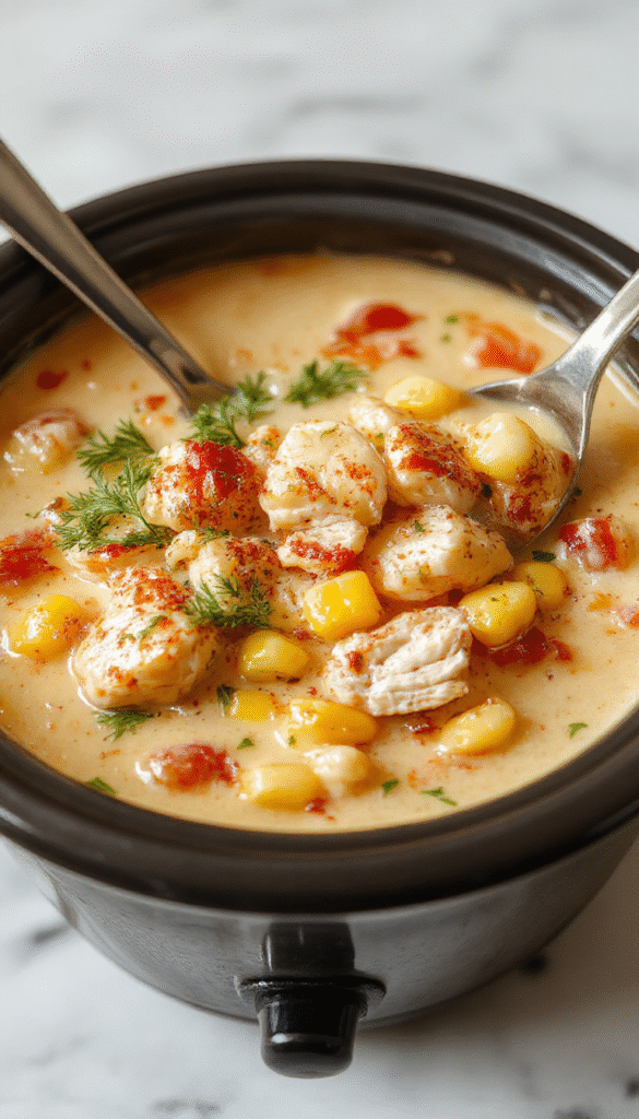 A warm bowl of creamy chicken corn chowder topped with fresh chopped parsley, golden corn kernels, shredded chicken, and a drizzle of cream, served on a rustic wooden table with a spoon and a bread roll in the background, showcasing vibrant yellow corn and tender chicken pieces with a smooth, rich texture.