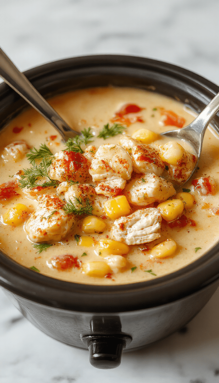 A warm bowl of creamy chicken corn chowder topped with fresh chopped parsley, golden corn kernels, shredded chicken, and a drizzle of cream, served on a rustic wooden table with a spoon and a bread roll in the background, showcasing vibrant yellow corn and tender chicken pieces with a smooth, rich texture.