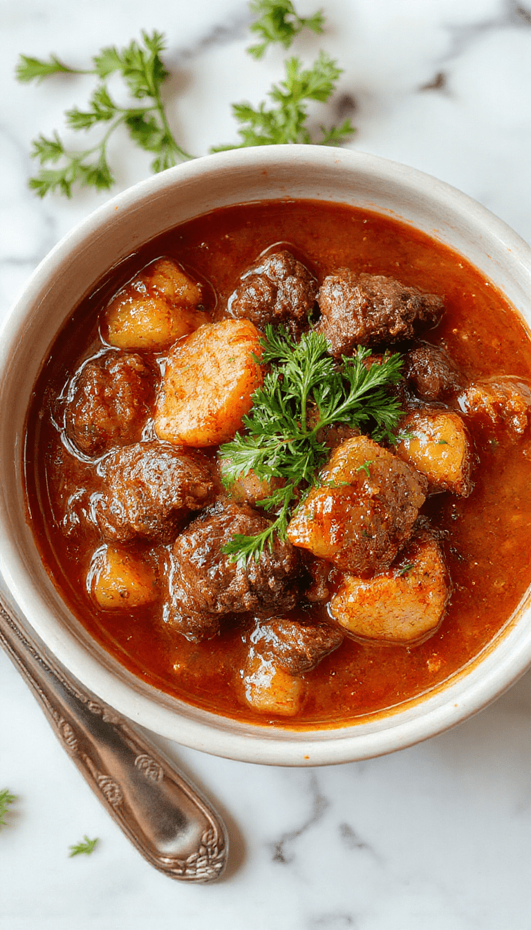 A rustic bowl of hearty beef stew with tender chunks of beef, carrots, potatoes, and celery, garnished with fresh parsley. The stew has a rich, thick broth with a glossy sheen, served on a wooden table with bread in the background, evoking warmth and comfort.