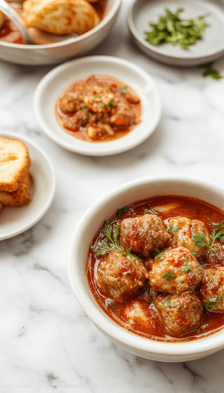 A vibrant bowl of Italian meatball soup featuring tender meatballs nestled in a rich tomato broth, garnished with fresh basil and grated Parmesan, served on a rustic wooden table with warm lighting highlighting the textures and colors.