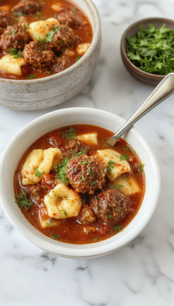 A vibrant bowl of hearty Italian meatball tortellini soup featuring colorful ingredients including plump meatballs, tender tortellini, fresh spinach, and a rich tomato broth in a rustic white bowl, garnished with grated Parmesan and basil, styled on a wooden table