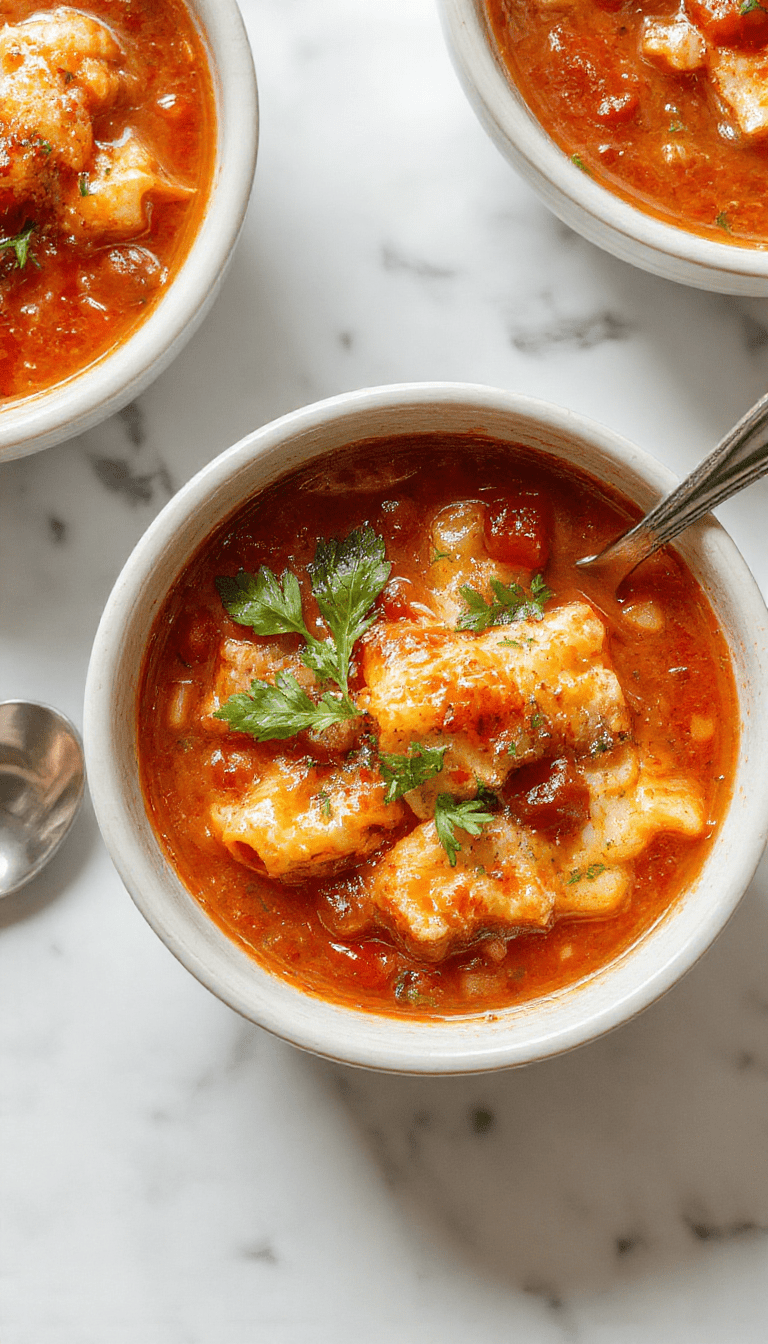 A vibrant bowl of lasagna soup with layers of melted cheese, crumbled sausage, and fresh basil, topped with a sprinkle of grated Parmesan, served steaming hot with a side of crusty bread, all on a rustic wooden table.