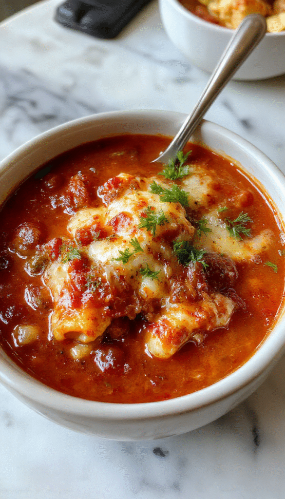 A bowl of steaming lasagna soup with layers of melted cheese, chunky tomato sauce, and ground meat, garnished with fresh basil and grated Parmesan, served on a rustic wooden table with a spoon resting on the edge, vibrant reds and greens contrast with the creamy cheese topping.